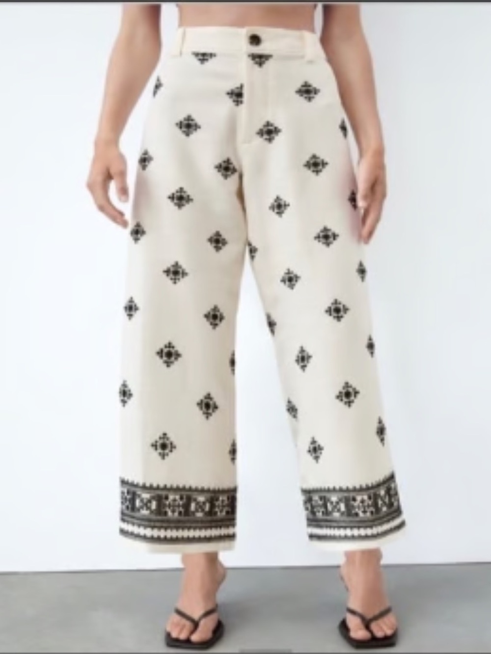 Zara Embroidered Wide-Leg Cream Cropped Pants